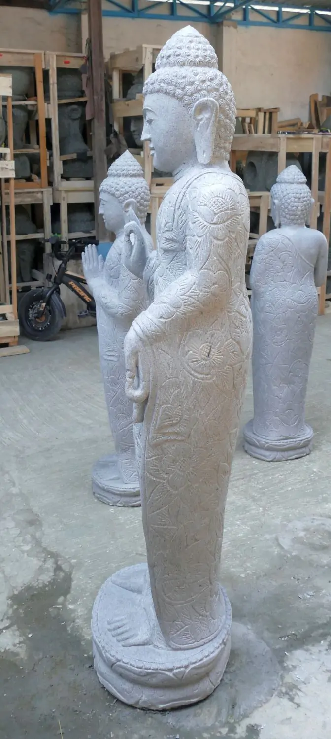  Product image 4 of the product “Standing Buddha with floral carving, Abudaya position. 44 x 31 x 154cm. Natural stone (river stone), stonemasonry ”